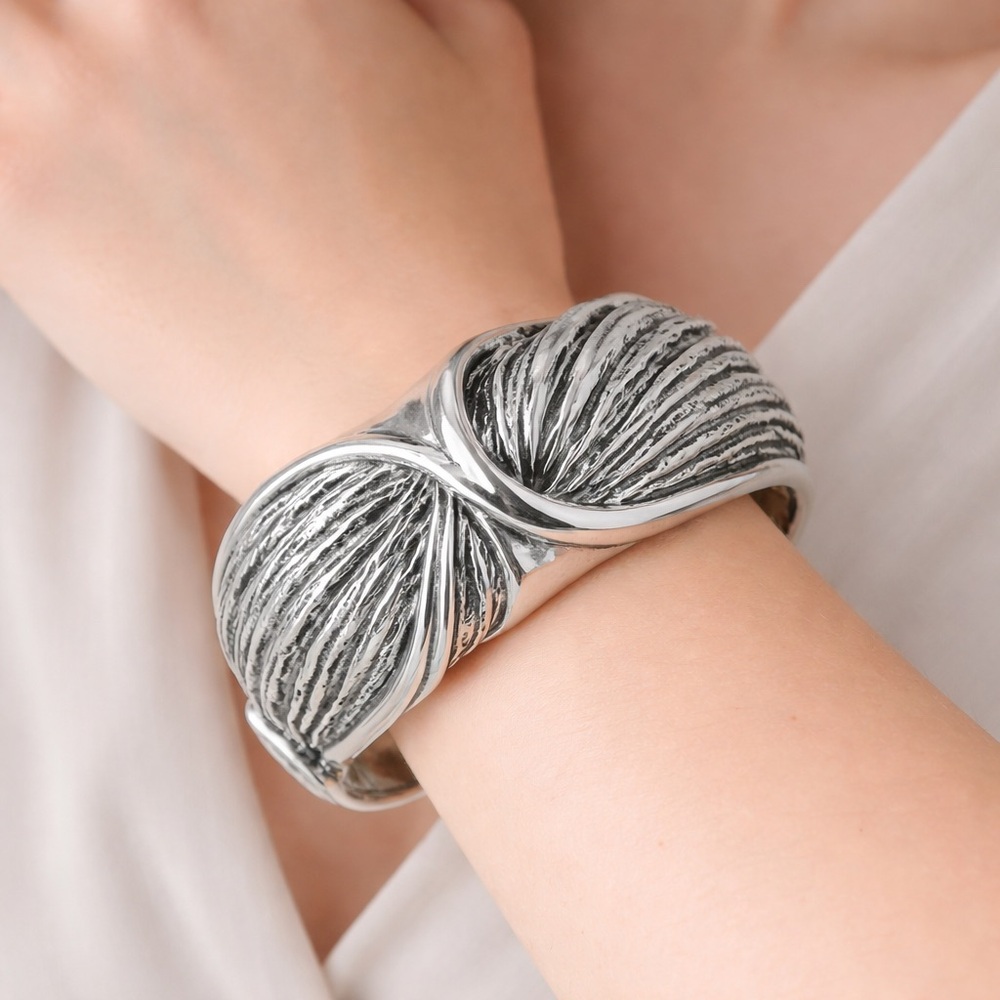 Shablool 925 Sterling Silver Textured Bangle Statement wide Electroform Bracelet
